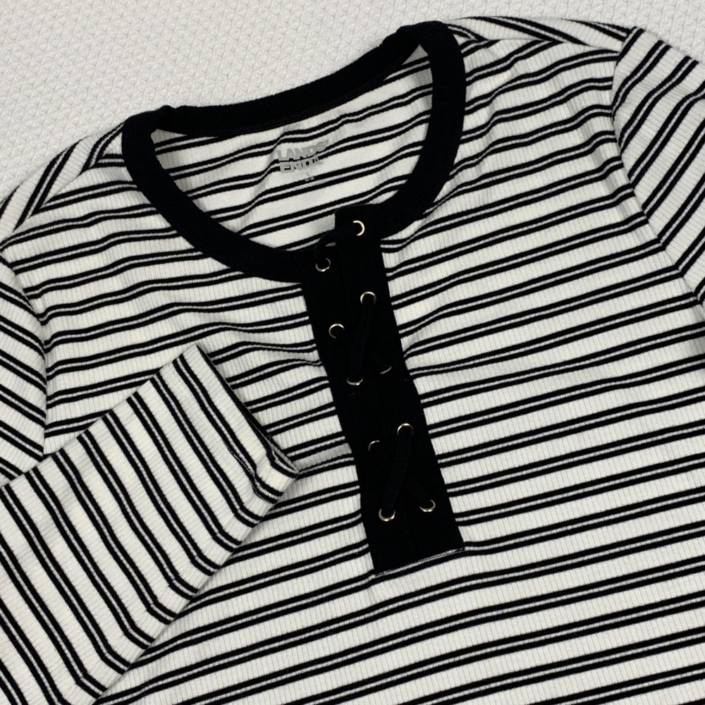 Lands' End Lace Front Pullover Henley Striped Black White Womens Large